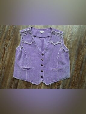 POL Womens Lavender Purple Silver Pearl Studded Western Corduroy Vest Raw Hem L